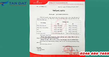 Thông báo tăng giá cho mặt hàng Inox Hoàng Vũ 29/09/2021
